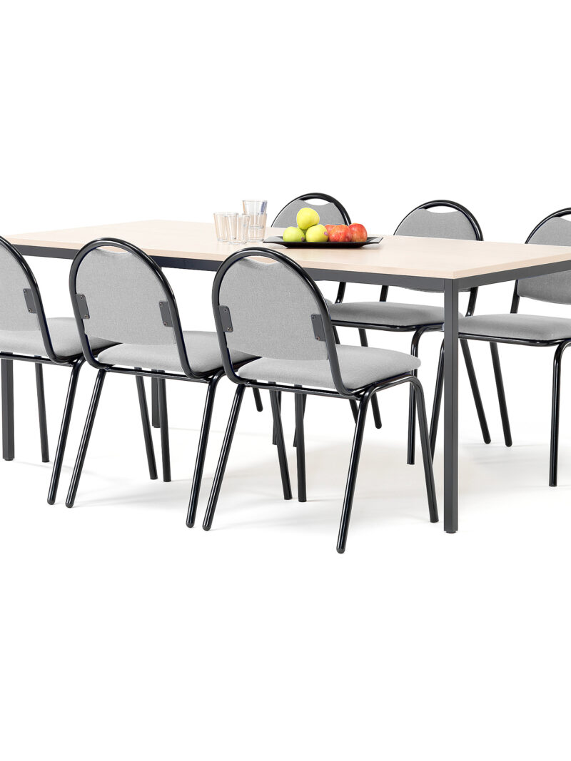 Zestaw mebli do stołówki, stół 1800x800 mm, brzoza + 6 krzeseł, szary/czarny