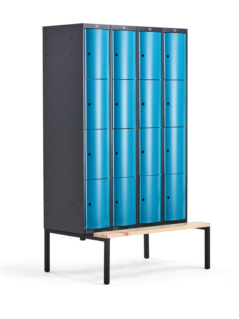 Metalowa szafa ubraniowa CURVE, z ławeczką, 4x4 drzwi, 2120x1200x550 mm, niebieski