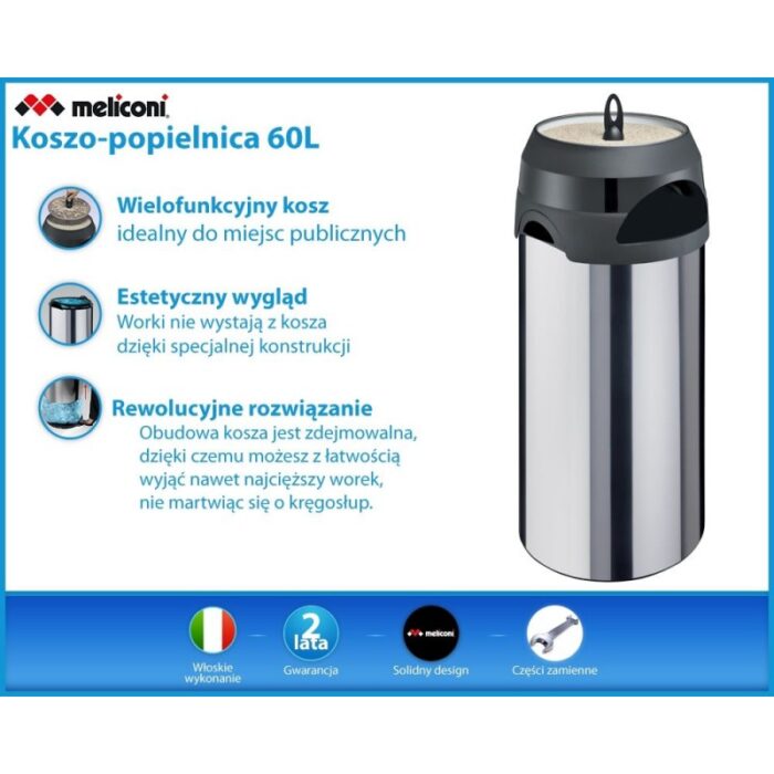 Kosz zewnętrzny popielnica Meliconi 60 L stal nierdzewna - obrazek 2