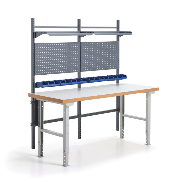 Stół warsztatowy z wyposażeniem SOLID, panele narzędziowe z pojemnikami + półki, 2000x800 mm, lamina