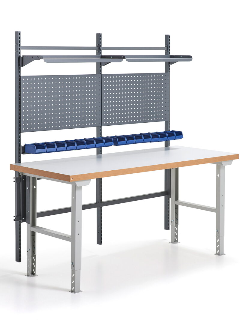 Stół warsztatowy z wyposażeniem SOLID, panele narzędziowe z pojemnikami + półki, 2000x800 mm, lamina