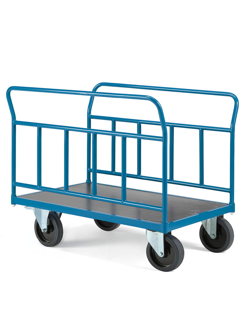 Wózek platformowy TRANSFER, 2 burty stalowe, 1000x700 mm, guma elastyczna, z hamulcami