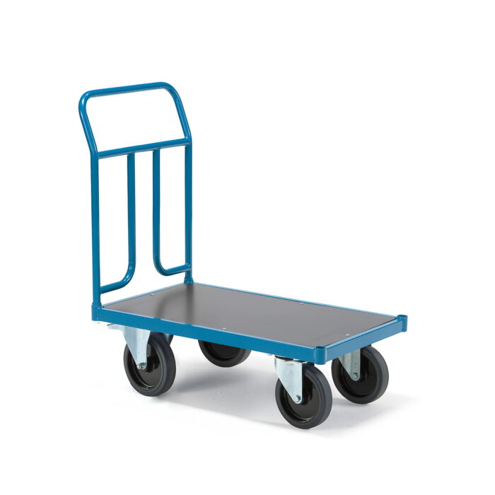 Wózek platformowy TRANSFER, 1 burta stalowa, 900x500 mm, guma elastyczna, z hamulcami