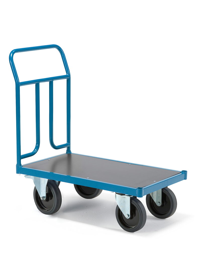 Wózek platformowy TRANSFER, 1 burta stalowa, 900x500 mm, guma elastyczna, z hamulcami