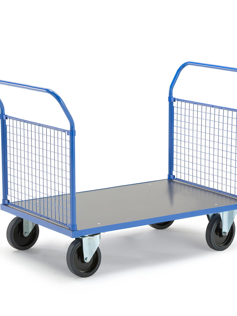 Wózek platformowy TRANSFER, 2 burty z siatki, 1200x800 mm, guma elastyczna, z hamulcami