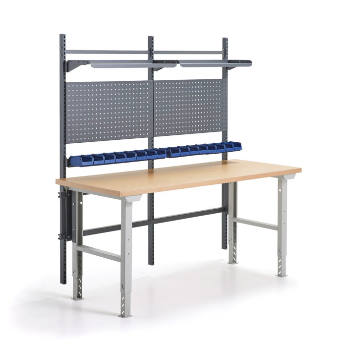 Stół warsztatowy z wyposażeniem ROBUST, panele narzędziowe z pojemnikami + półki, 2000x800 mm