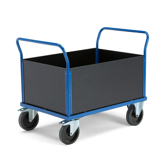 Wózek platformowy TRANSFER, wysokie burty z drewna, 1000x700 mm, guma elastyczna, z hamulcami