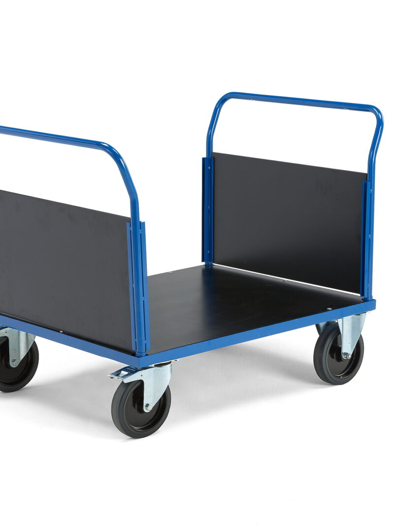 Wózek platformowy TRANSFER, 2 burty drewniane, 1000x700 mm, guma elastyczna, z hamulcami