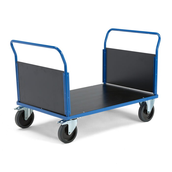 Wózek platformowy TRANSFER, 2 burty drewniane, 1200x800 mm, guma elastyczna, z hamulcami