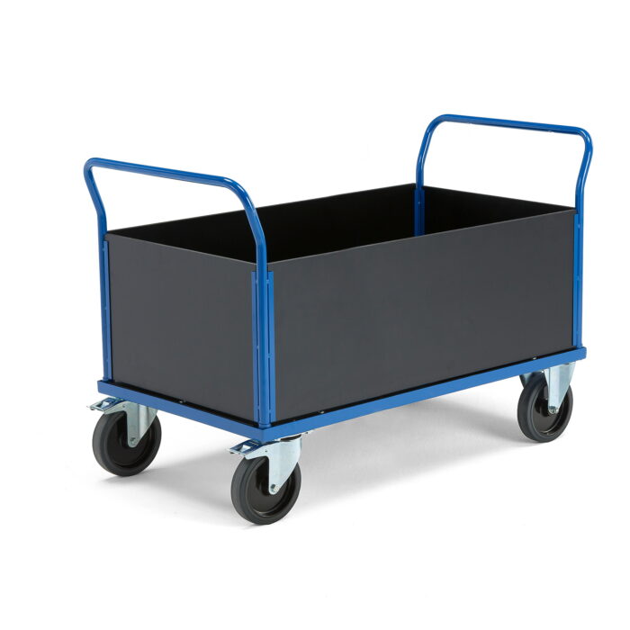 Wózek platformowy TRANSFER, wysokie burty drewniane, 1200x800 mm, guma elastyczna, z hamulcami