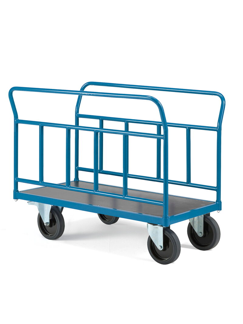 Wózek platformowy TRANSFER, 2 burty stalowe, 900x500 mm, guma elastyczna, z hamulcami