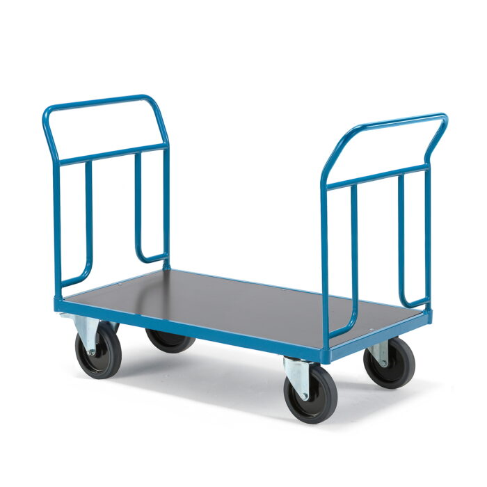 Wózek platformowy TRANSFER, 2 burty stalowe, 1200x800 mm, guma elastyczna, z hamulcami