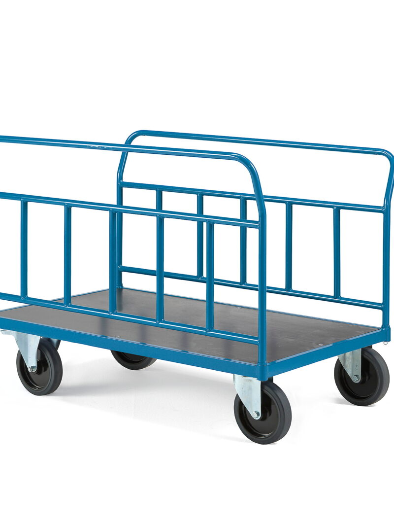 Wózek platformowy TRANSFER, 2 burty stalowe, 1200x800 mm, guma elastyczna, z hamulcami
