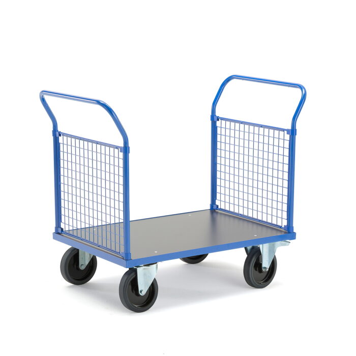 Wózek platformowy TRANSFER, 2 burty z siatki, 1000x700 mm, guma elastyczna, z hamulcami