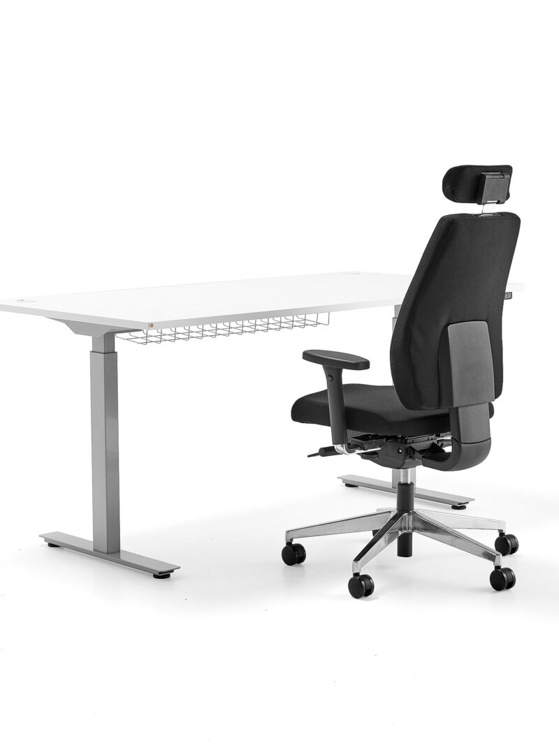Zestaw mebli FLEXUS + WATFORD, 1 srebrno-białe biurko, 1 czarne krzesło
