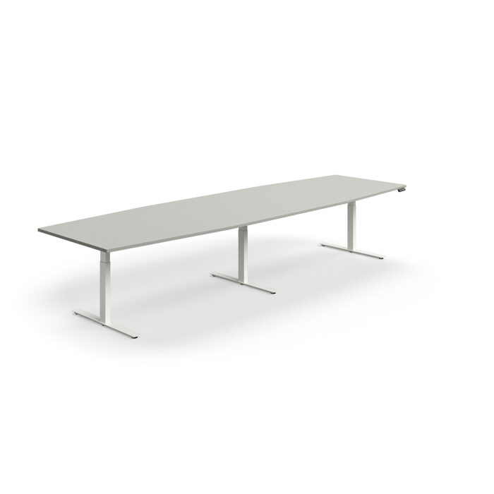 Stół konferencyjny z regulacją wysokości, kształt łodzi, 4000x1200 mm, biała rama, jasnoszary