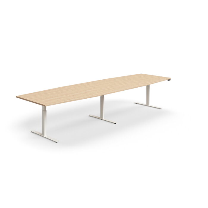 Stół konferencyjny z regulacją wysokości, kształt łodzi, 4000x1200 mm, biała rama, dąb