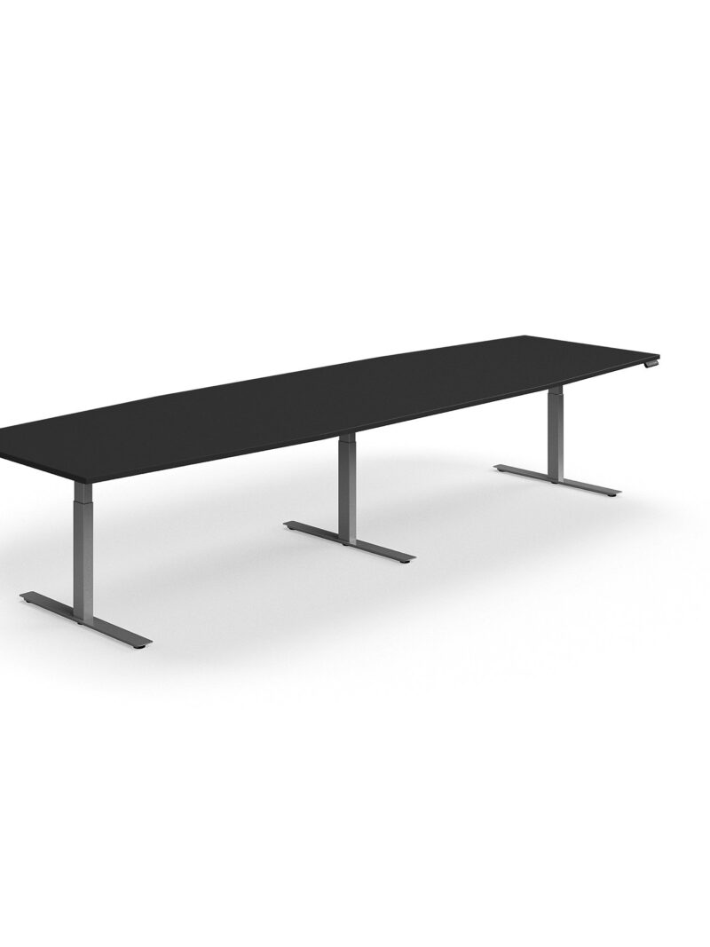 Stół do spotkań na stojąco QBUS, kształt łodzi, 4000x1200 mm, srebrny, czarny