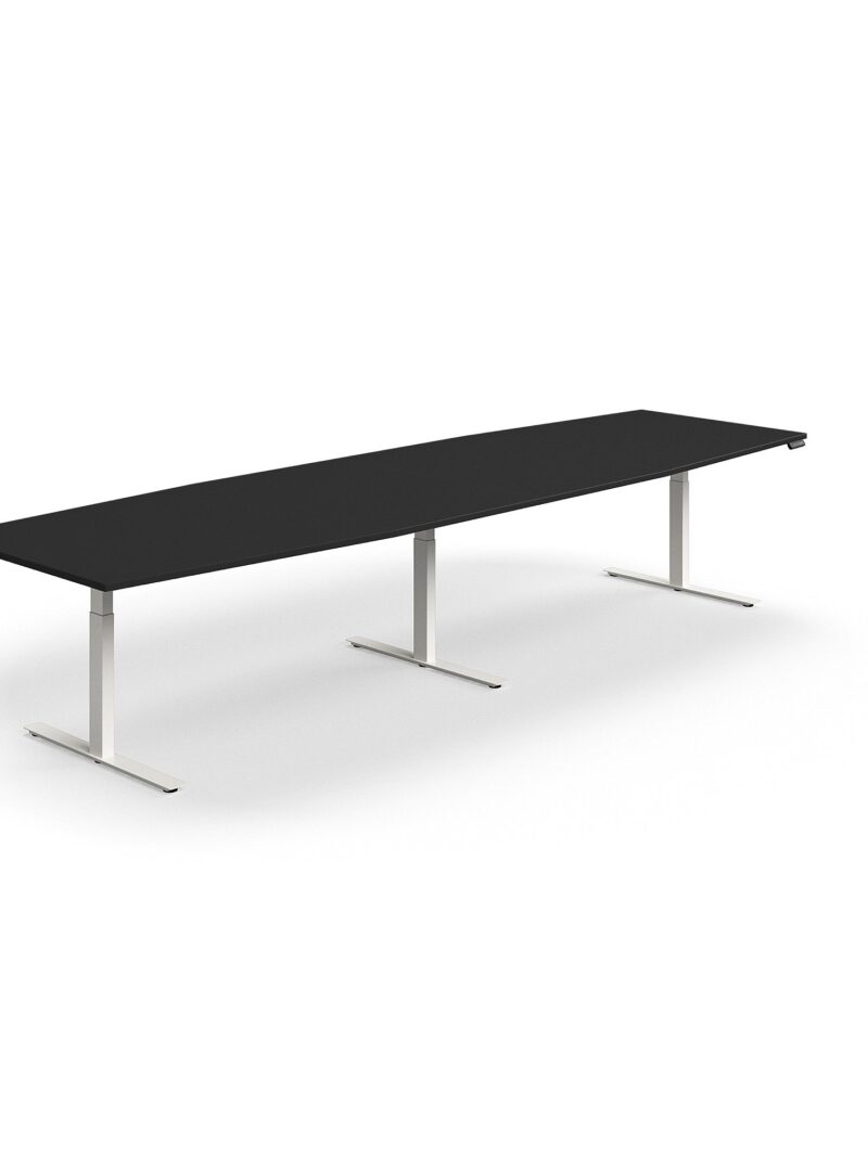 Stół do spotkań na stojąco QBUS, kształt łodzi, 4000x1200 mm, biały, czarny