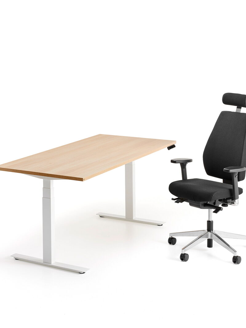 Zestaw mebli QBUS + WATFORD, 1 biurko biały/dąb, 1 czarne krzesło