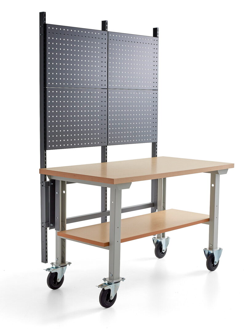 Kompletny mobilny stół roboczy ROBUST, panel narzędziowy, półka dolna, 1500x800 mm, płyta utwardzana