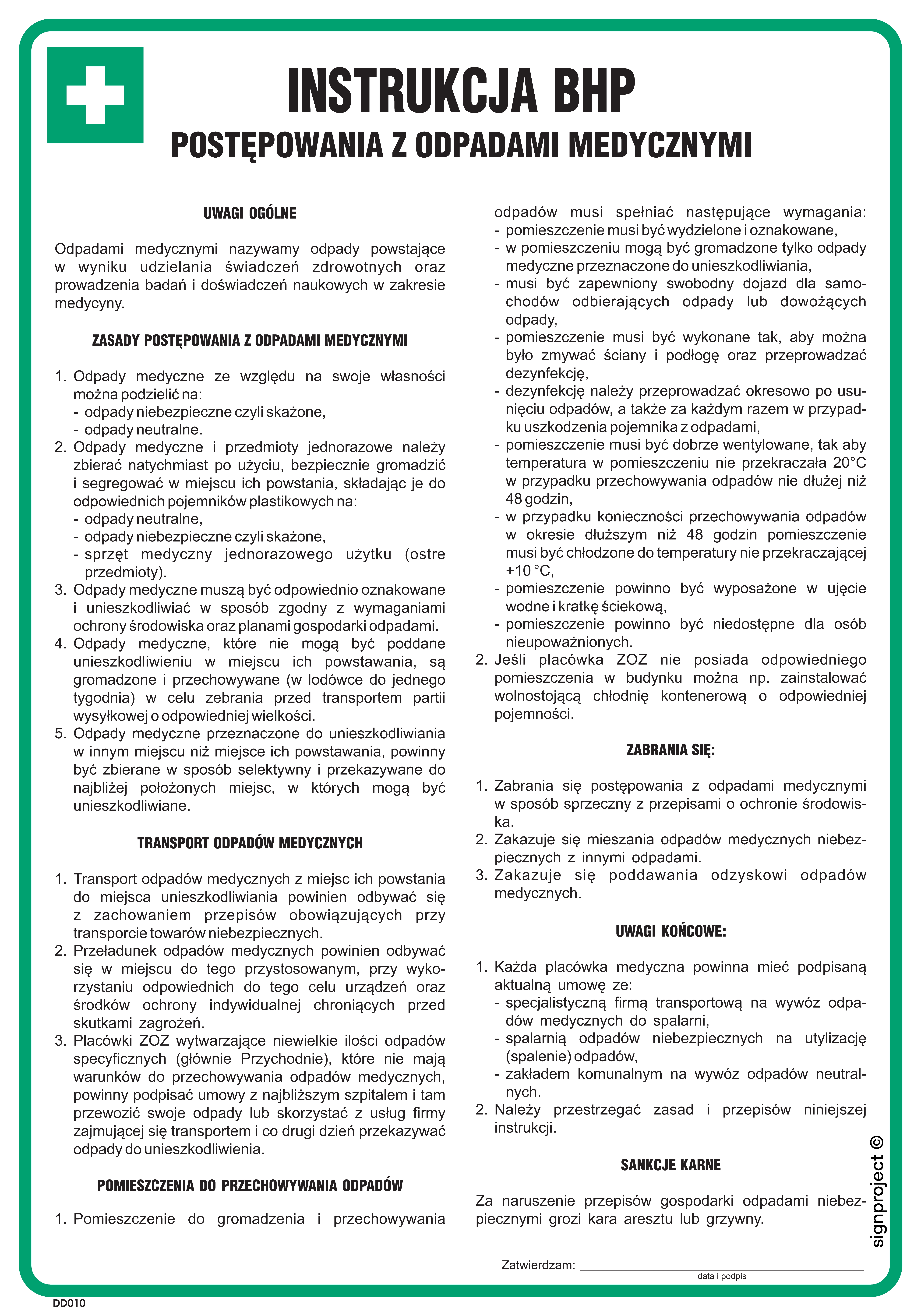 DD010 Instrukcja BHP postępowania z odpadami medycznymi