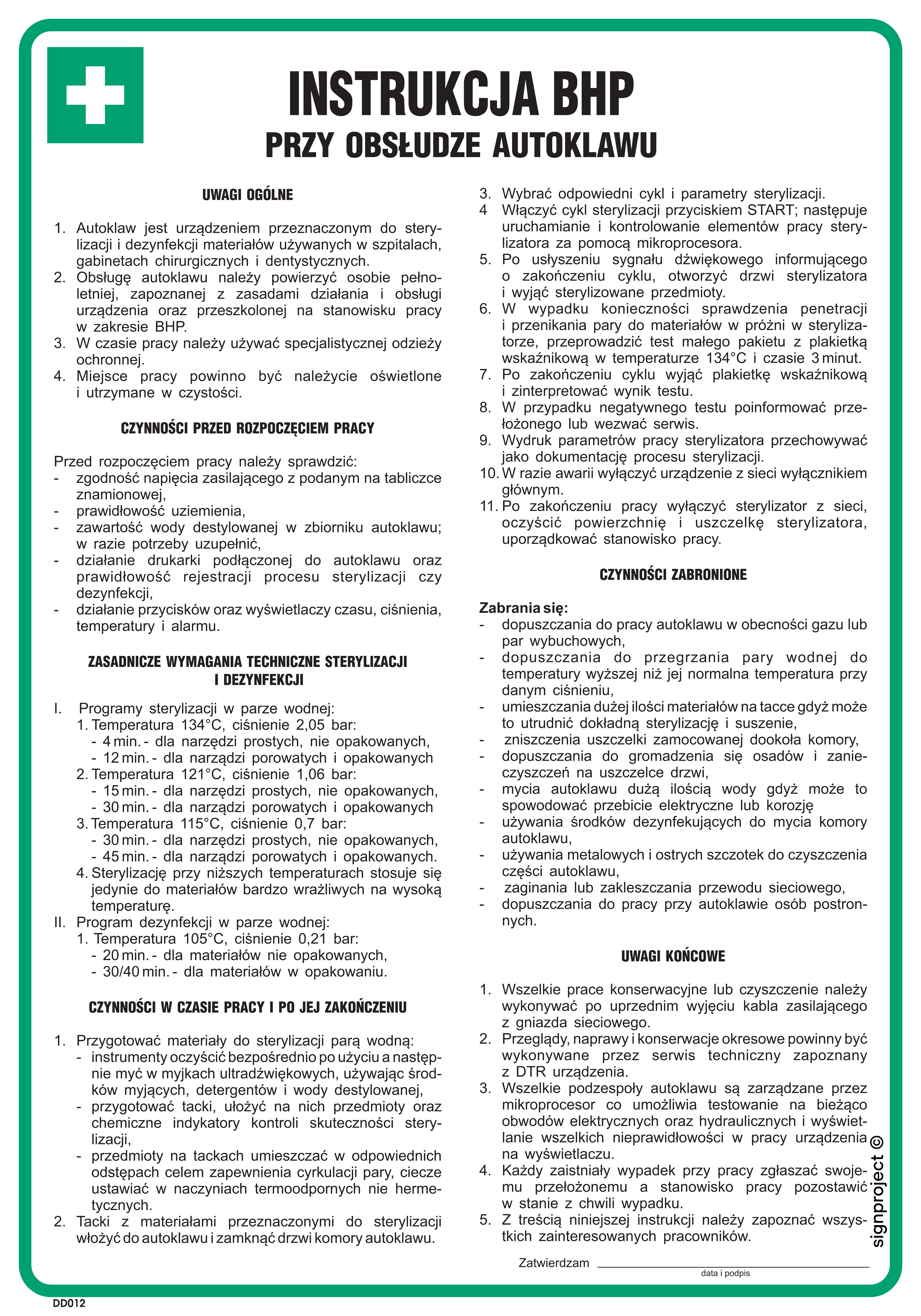 DD012 Instrukcja BHP przy obsłudze autoklawu
