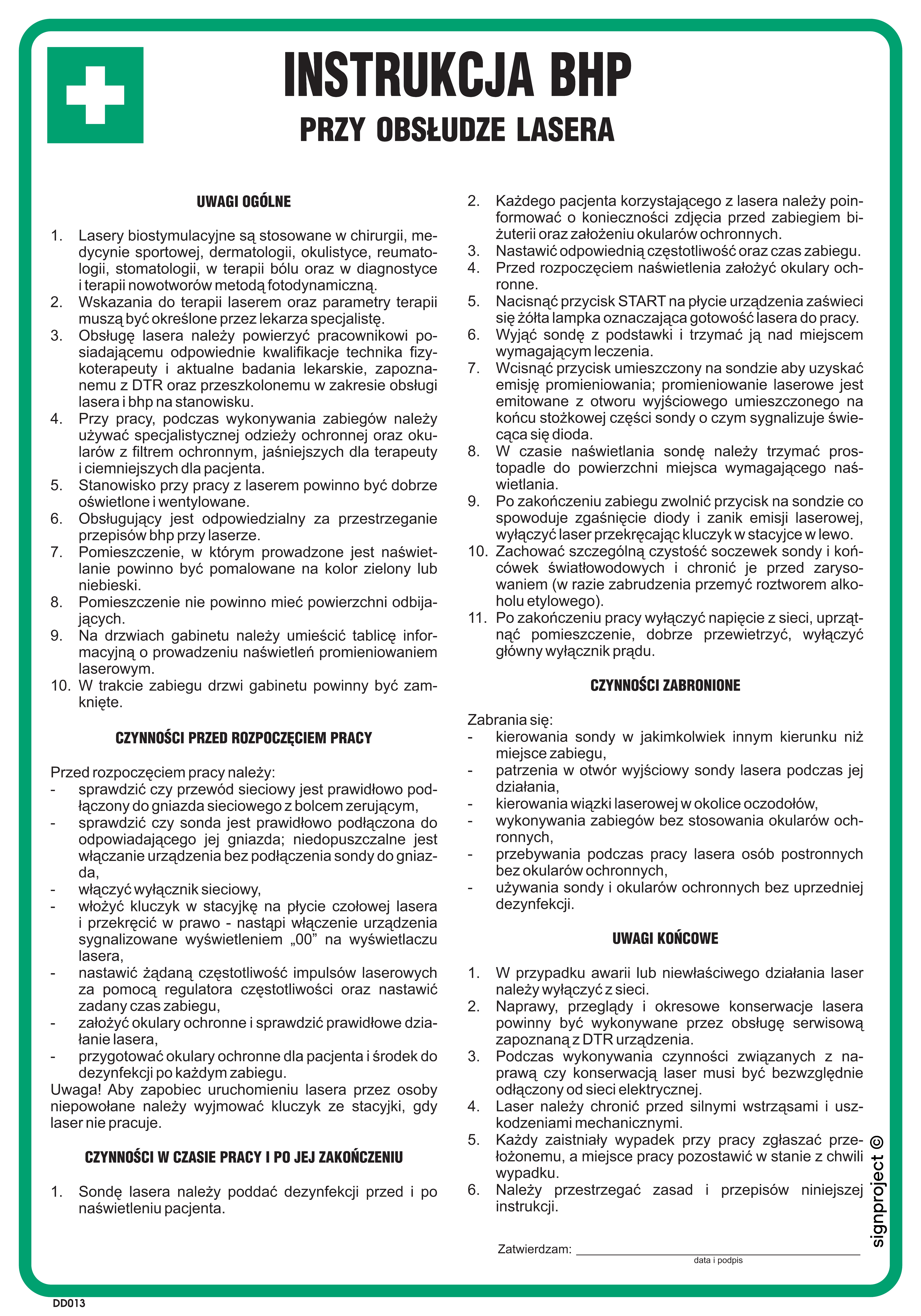 DD013 Instrukcja BHP przy obsłudze lasera