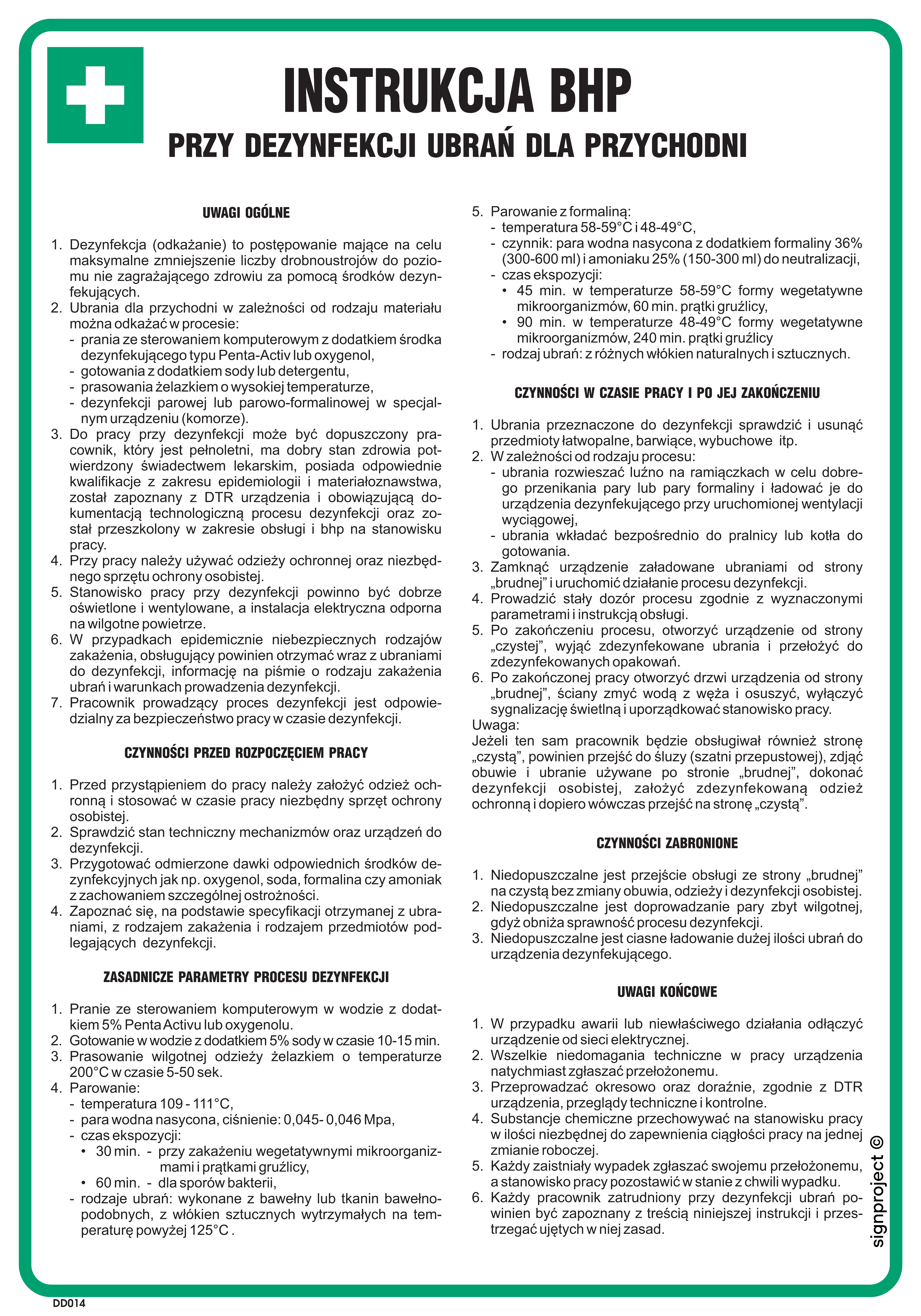 DD014 Instrukcja BHP przy dezynfekcji ubrań dla przychodni