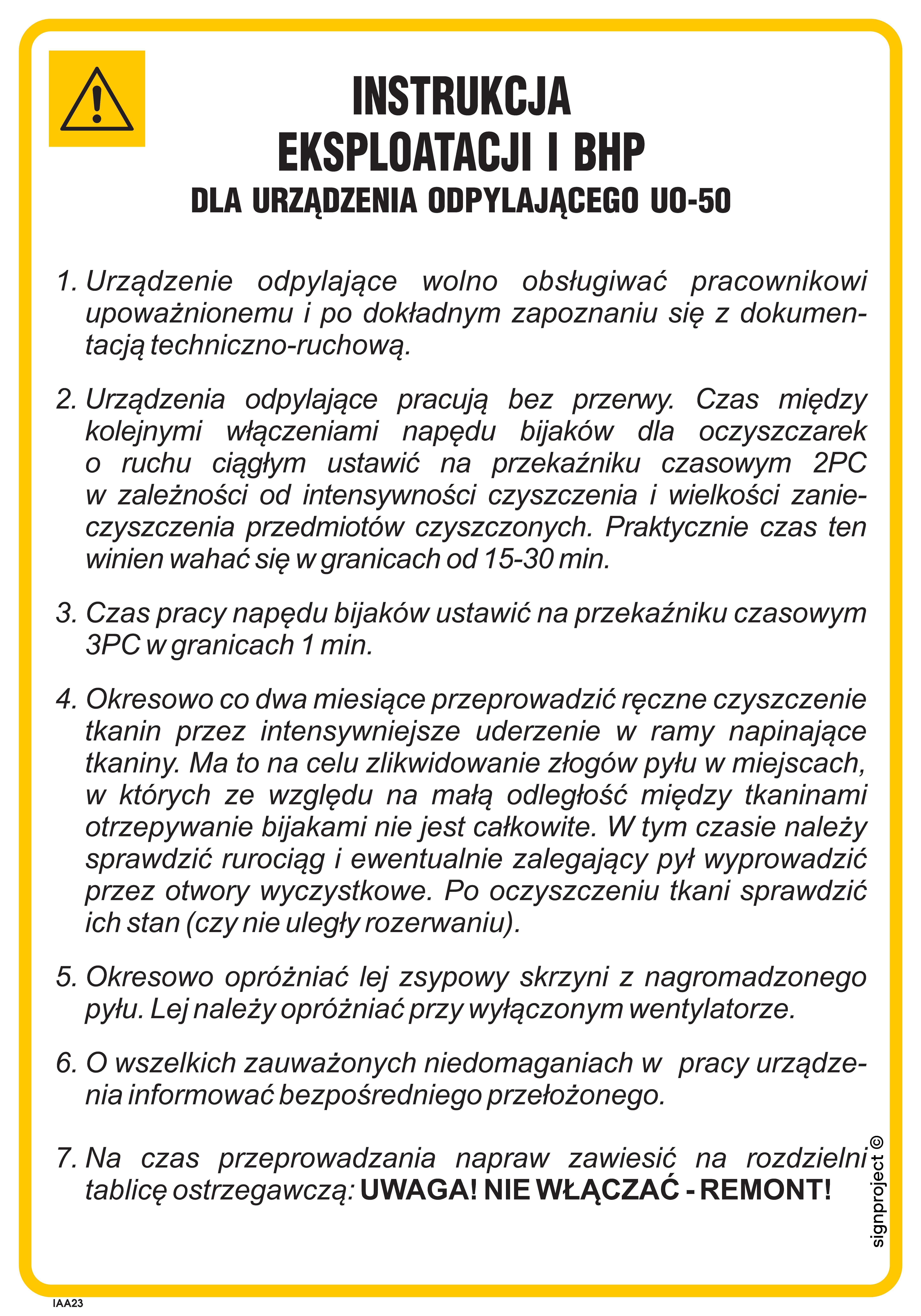 IAA23 Instrukcja eksploatacji i BHP dla urządzenia odpylającego UO-50