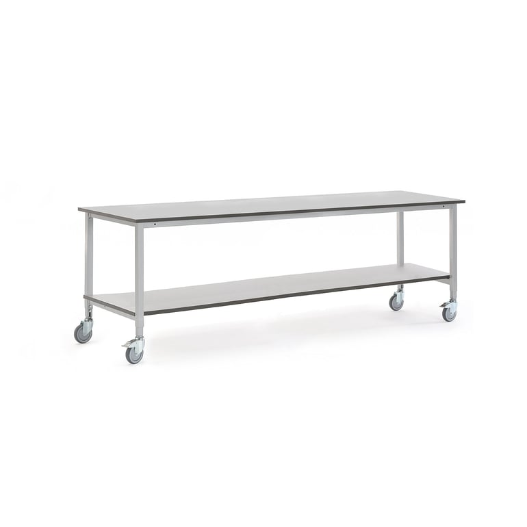 Mobilny stół roboczy MOTION, z dolną półką, 2500x800 mm, szary