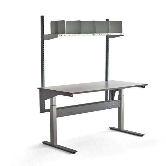 Stół roboczy z regulacją wysokości VERVE, 200 kg, 1600x800 mm, półka z przegrodami
