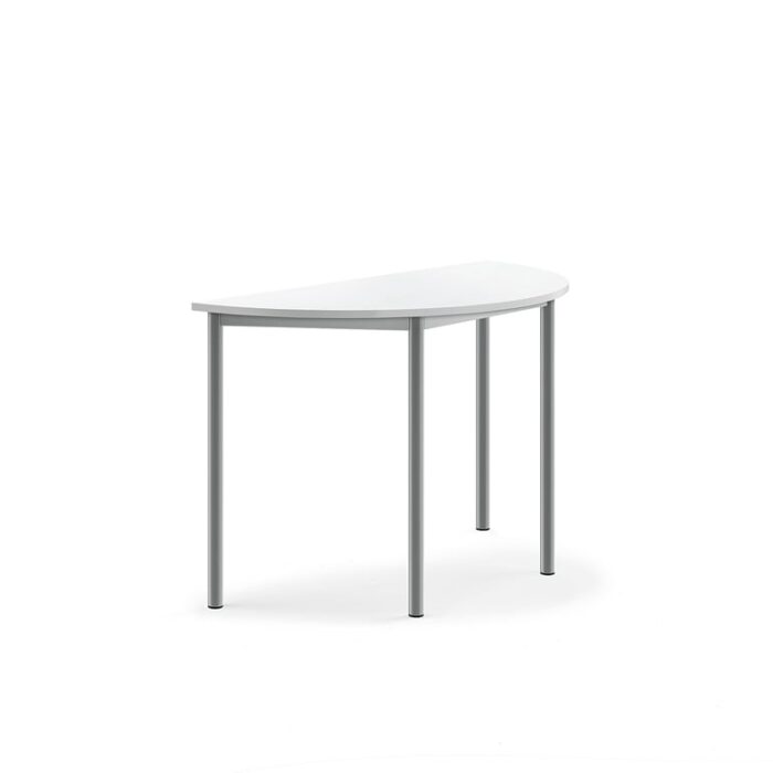 Stół SONITUS, półokrągły, 1200x600x760 mm, laminat HPL biały, szary aluminium