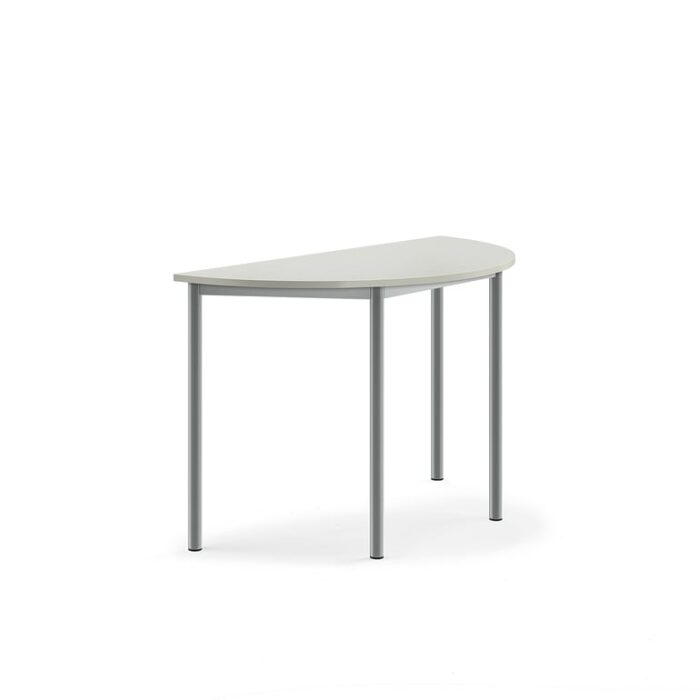 Stół SONITUS, półokrągły, 1200x600x760 mm, laminat HPL szary, szary aluminium