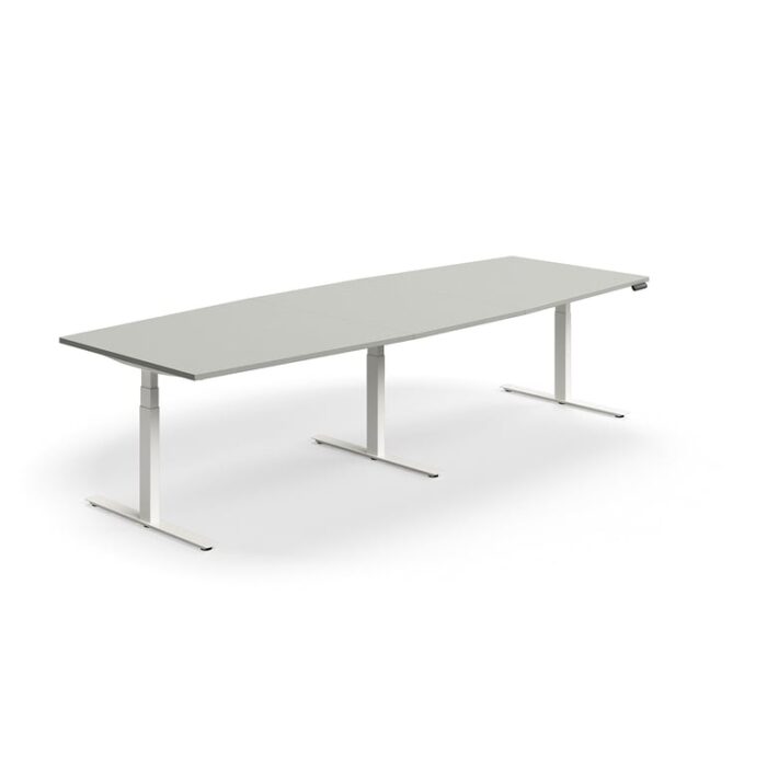 Stół konferencyjny z regulacją wysokości, kształt łodzi, 3200x1200 mm, biała rama, jasnoszary
