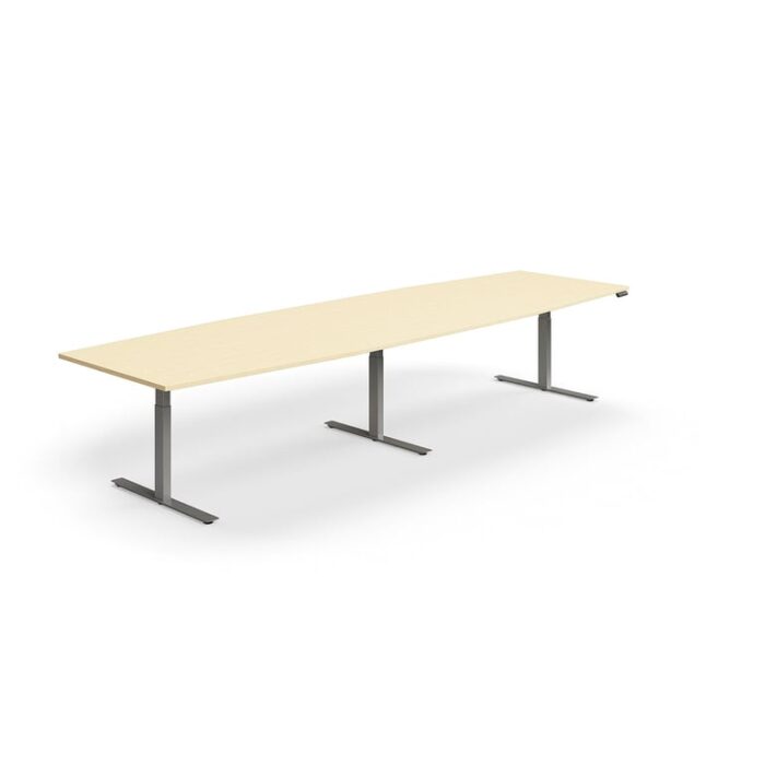 Stół konferencyjny z regulacją wysokości, kształt łodzi, 4000x1200 mm, srebrna rama, brzoza