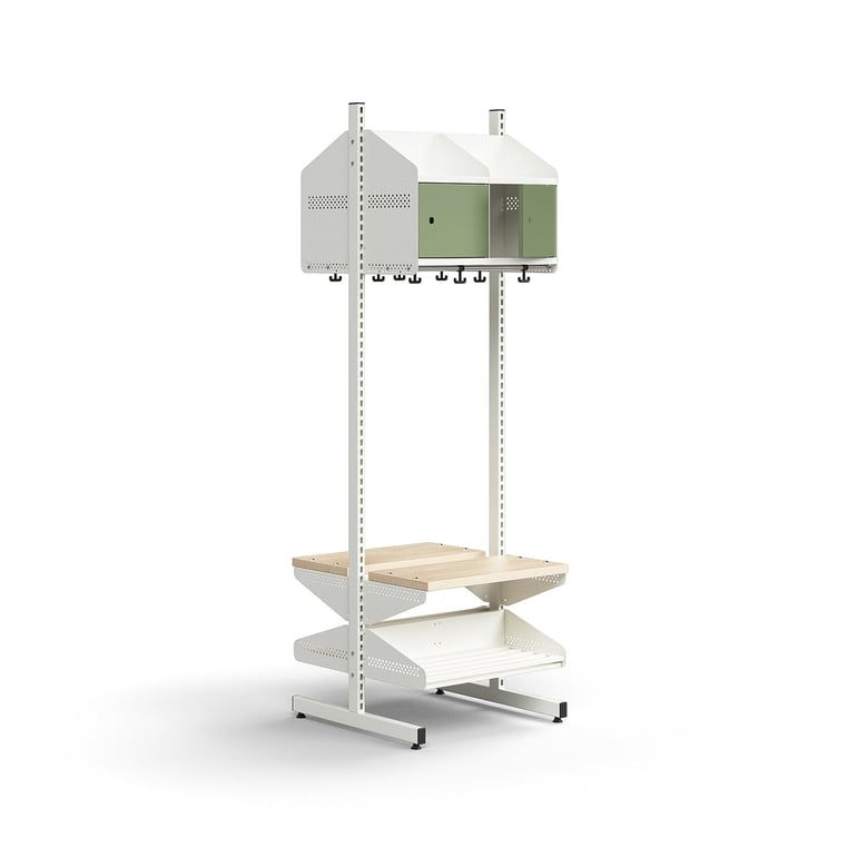 Moduł szatniowy ENTRY, moduł podstawowy, półka na buty, ławka, 4 metalowe drzwi, 1800x600x600 mm, bi