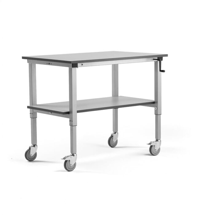 Mobilny stół roboczy MOTION, z półką dolną, ręczny, 150 kg, 1200x800 mm, szary