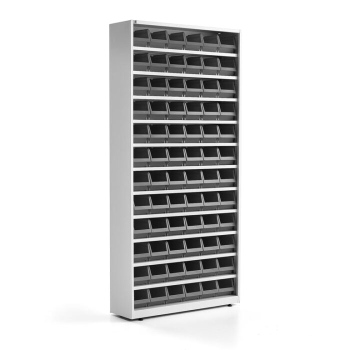 Regał z pojemnikami, zamknięty stelaż, 72 szare pojemniki, 2000x950x250 mm