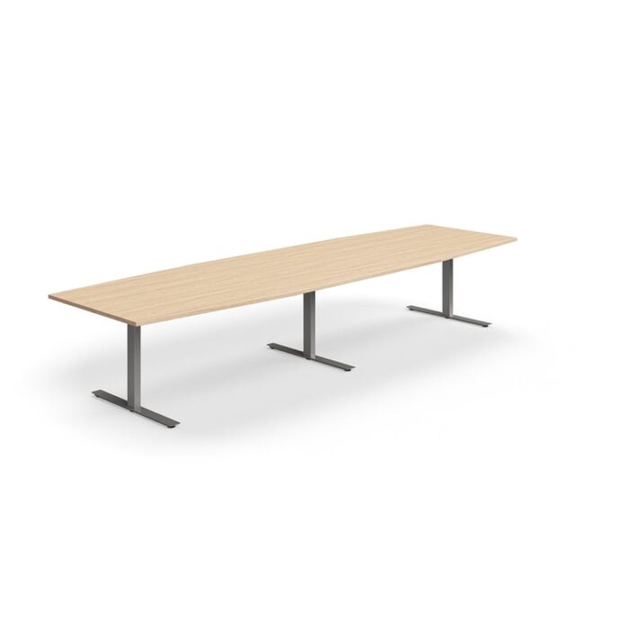 Stół konferencyjny QBUS, kształt łodzi, 4000x1200 mm, rama T, srebrny, dąb