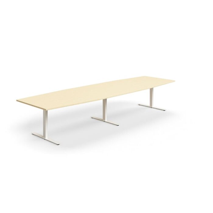 Stół konferencyjny QBUS, kształt łodzi, 4000x1200 mm, rama T, biały, brzoza