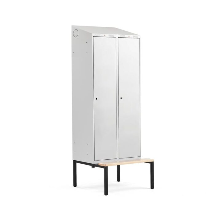Szafa ubraniowa CLASSIC ze skośnym daszkiem, z ławeczką, 2 moduły, 2290x800x550 mm, szary