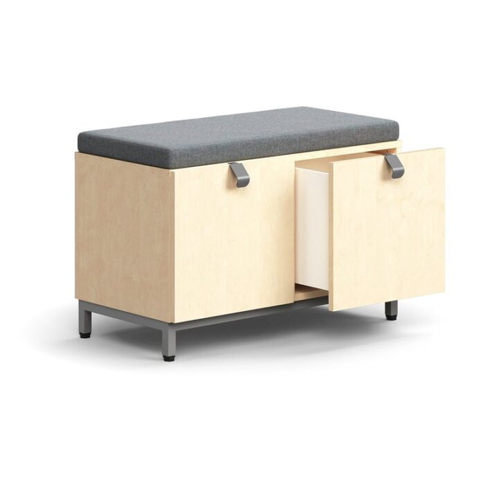 Siedzisko ze schowkami QBUS, nóżki, uchwyty, 534x800x420 mm, srebrny, brzoza, szara poduszka