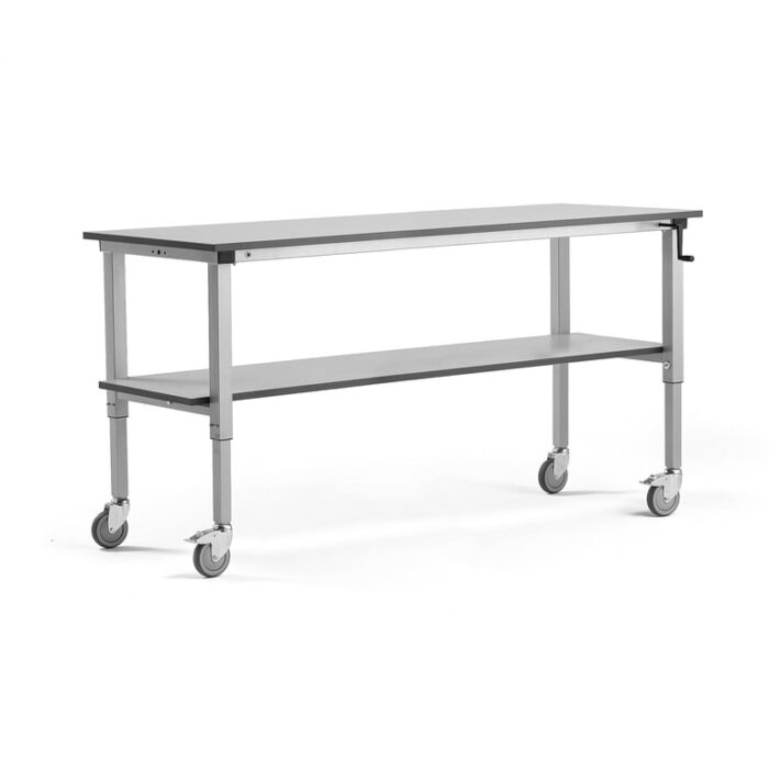 Mobilny stół roboczy MOTION, z półką dolną, ręczny, 150 kg, 2000x600 mm, szary