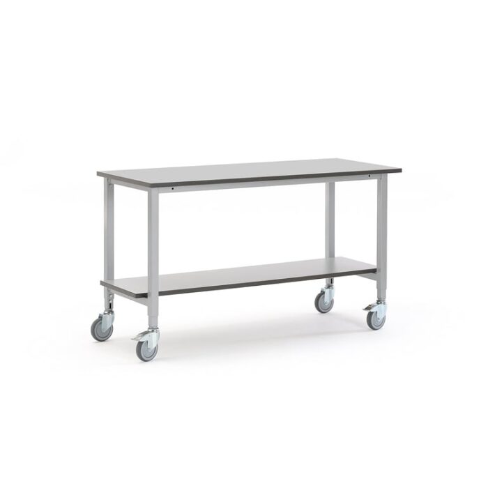 Mobilny stół roboczy MOTION, 1500x600 mm, z półką dolną, szary