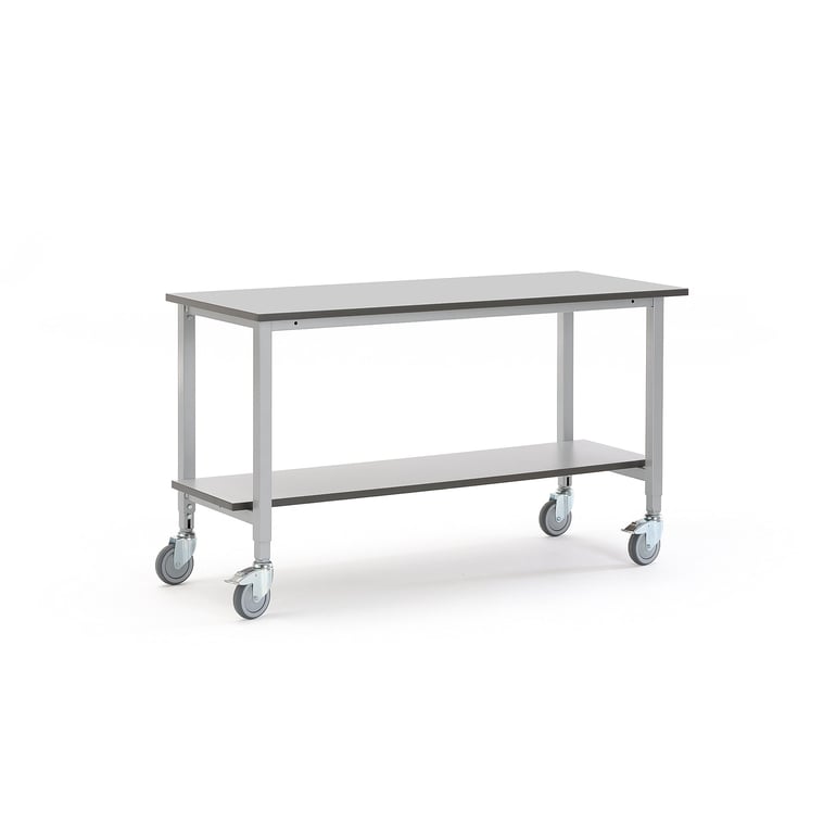 Mobilny stół roboczy MOTION, 1500x600 mm, z półką dolną, szary