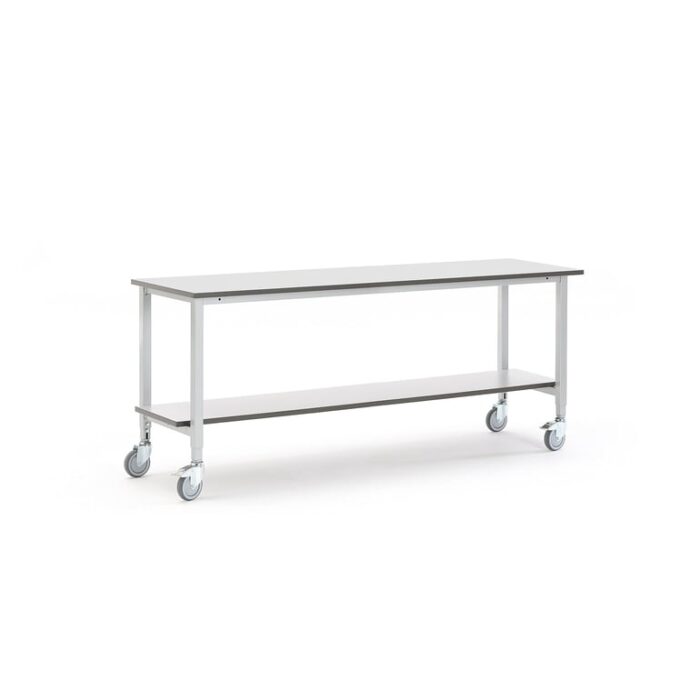 Mobilny stół roboczy MOTION, z półką dolną, 2000x600 mm, szary
