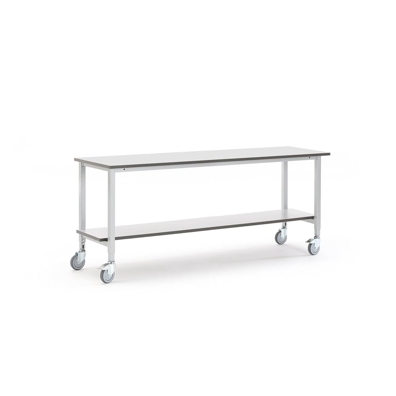 Mobilny stół roboczy MOTION, z półką dolną, 2000x600 mm, szary