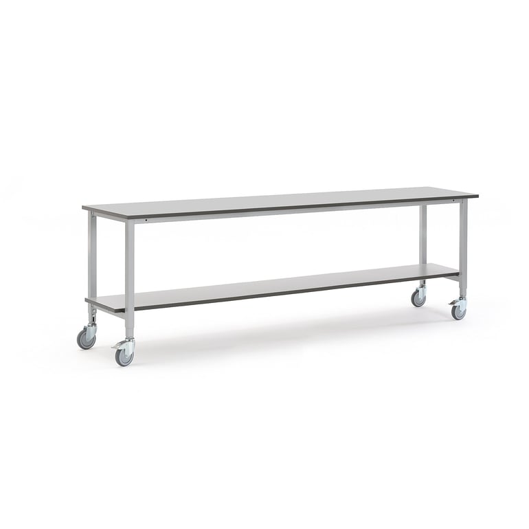 Mobilny stół roboczy MOTION, z półką dolną, 2500x600 mm, szary