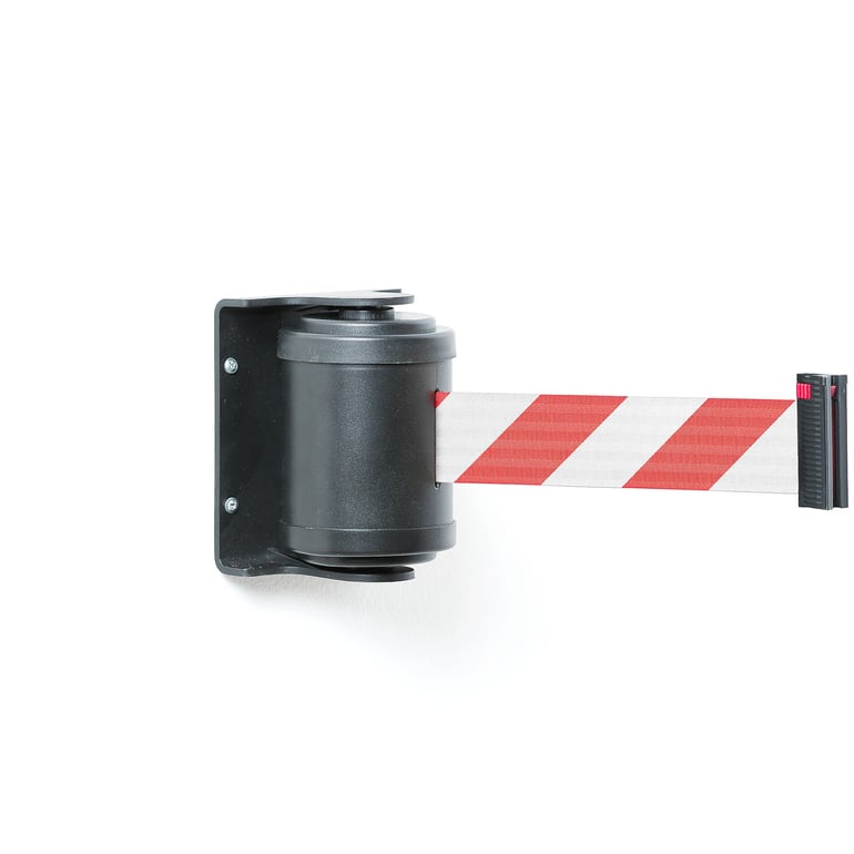 Kaseta z rozwijaną taśmą odgradzającą, uchwyt do montażu ściennego, 180°, 4500 mm, czarny, biało-cze